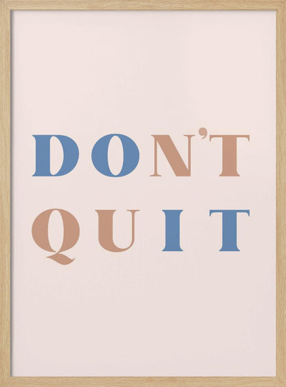 A minimalist motivational art print with a pale pink background and a thin black frame. The text reads 'DON'T QUIT' in a large serif font, with the words 'DO' and 'IT' highlighted in blue and the words 'N'T' and 'QU' in a muted terracotta color, creating a hidden 'DO IT' message. Decor