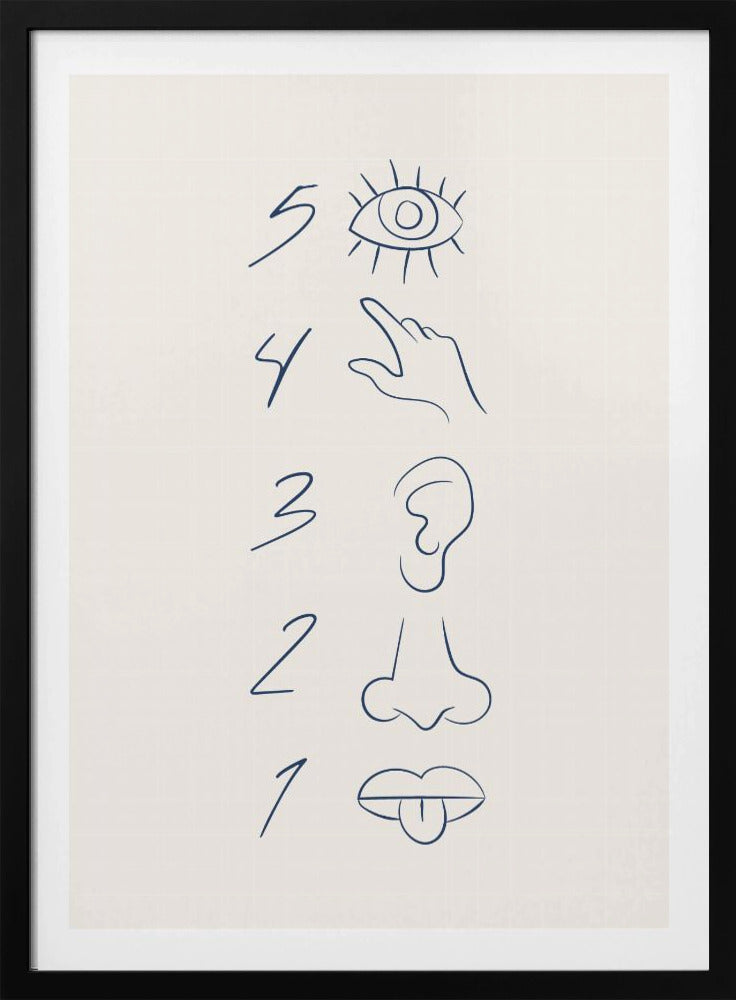 A minimalist line drawing in a black frame, featuring the numbers 5 through 1 in a vertical column. Beside each number is a corresponding sense organ: an eye for 5 (sight), a hand for 4 (touch), an ear for 3 (hearing), a nose for 2 (smell), and a mouth with a tongue out for 1 (taste). The art is drawn in dark blue on an off-white background. Artwork