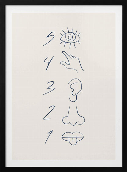 A minimalist line drawing in a black frame, featuring the numbers 5 through 1 in a vertical column. Beside each number is a corresponding sense organ: an eye for 5 (sight), a hand for 4 (touch), an ear for 3 (hearing), a nose for 2 (smell), and a mouth with a tongue out for 1 (taste). The art is drawn in dark blue on an off-white background. Artwork