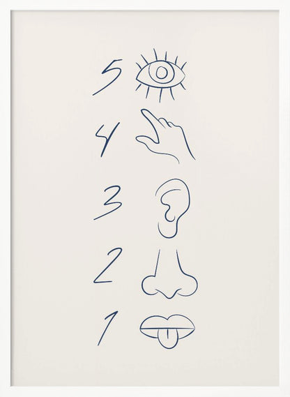 A minimalist line drawing in a black frame, featuring the numbers 5 through 1 in a vertical column. Beside each number is a corresponding sense organ: an eye for 5 (sight), a hand for 4 (touch), an ear for 3 (hearing), a nose for 2 (smell), and a mouth with a tongue out for 1 (taste). The art is drawn in dark blue on an off-white background. Artwork