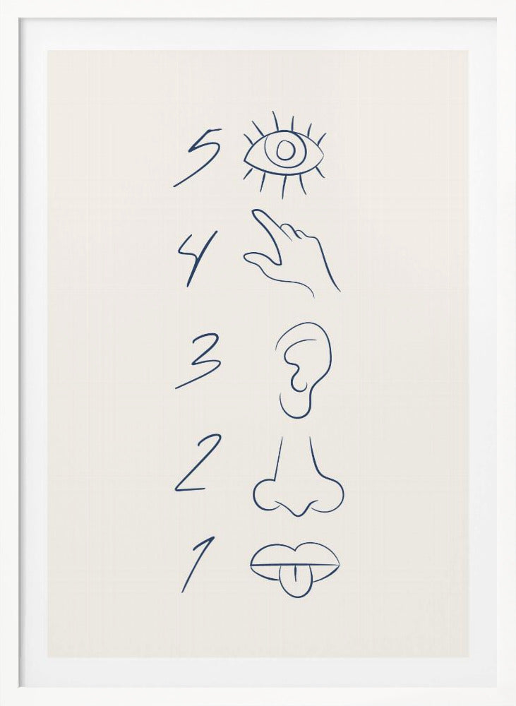 A minimalist line drawing in a black frame, featuring the numbers 5 through 1 in a vertical column. Beside each number is a corresponding sense organ: an eye for 5 (sight), a hand for 4 (touch), an ear for 3 (hearing), a nose for 2 (smell), and a mouth with a tongue out for 1 (taste). The art is drawn in dark blue on an off-white background. Artwork