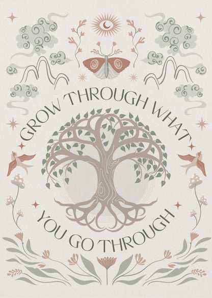 A bohemian-style inspirational poster with the quote 'Grow through what you go through' encircling a central Tree of Life. The artwork features mystical elements like a moth, sun, mountains, and birds in a muted color palette of sage green, dusty rose, and taupe on a cream background. Decor