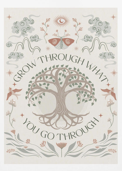 A bohemian-style inspirational poster with the quote 'Grow through what you go through' encircling a central Tree of Life. The artwork features mystical elements like a moth, sun, mountains, and birds in a muted color palette of sage green, dusty rose, and taupe on a cream background. Decor