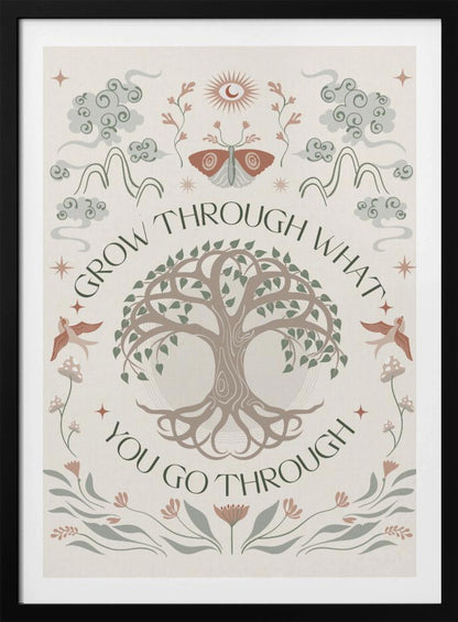 A bohemian-style inspirational poster with the quote 'Grow through what you go through' encircling a central Tree of Life. The artwork features mystical elements like a moth, sun, mountains, and birds in a muted color palette of sage green, dusty rose, and taupe on a cream background. Decor