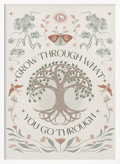 A bohemian-style inspirational poster with the quote 'Grow through what you go through' encircling a central Tree of Life. The artwork features mystical elements like a moth, sun, mountains, and birds in a muted color palette of sage green, dusty rose, and taupe on a cream background. Decor