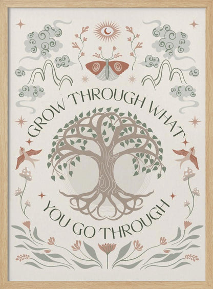 A bohemian-style inspirational poster with the quote 'Grow through what you go through' encircling a central Tree of Life. The artwork features mystical elements like a moth, sun, mountains, and birds in a muted color palette of sage green, dusty rose, and taupe on a cream background. Decor