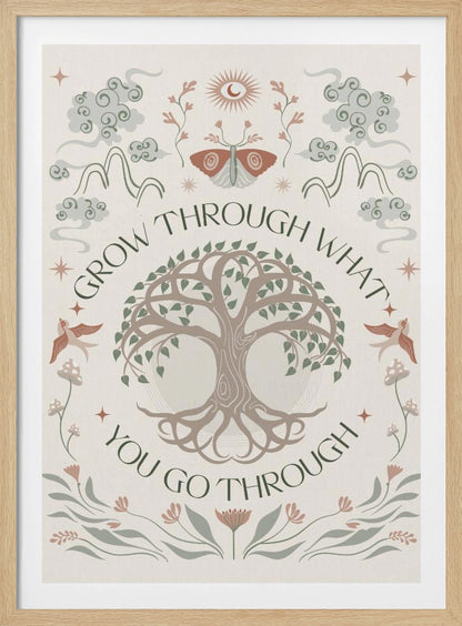 A bohemian-style inspirational poster with the quote 'Grow through what you go through' encircling a central Tree of Life. The artwork features mystical elements like a moth, sun, mountains, and birds in a muted color palette of sage green, dusty rose, and taupe on a cream background. Decor