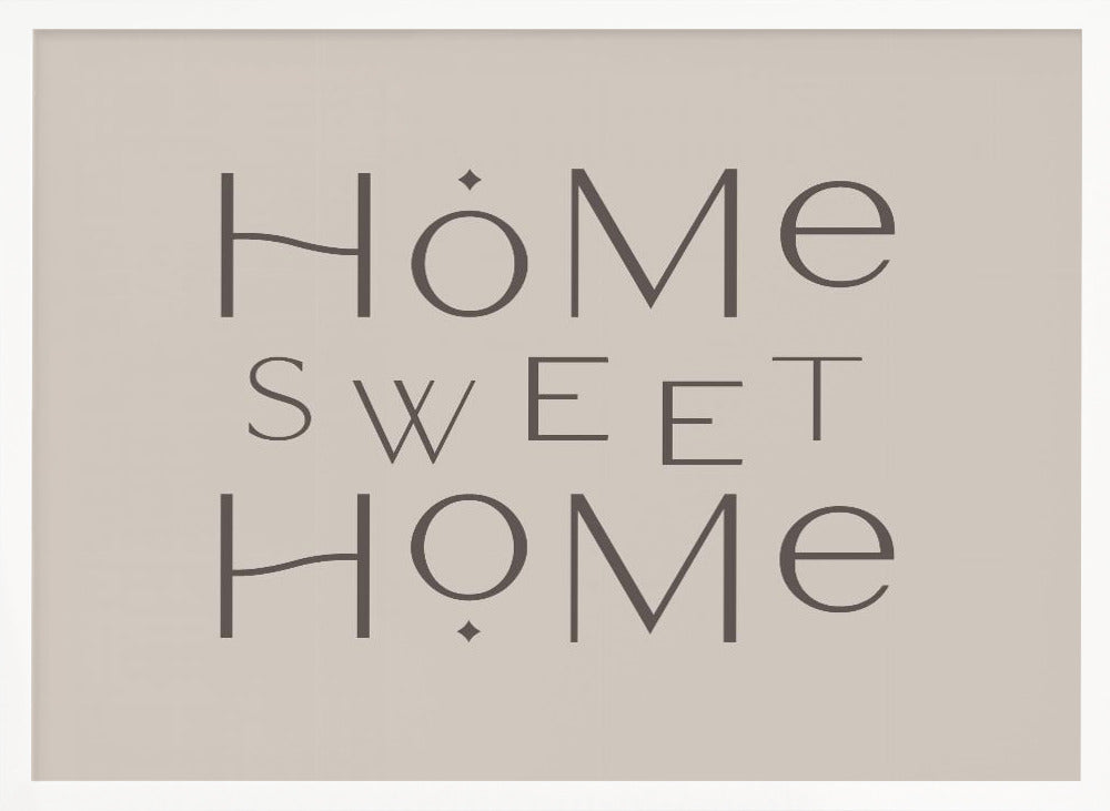 A minimalist wall art piece with the words 'Home Sweet Home' in a dark gray, stylized sans-serif font against a light beige background, all housed within a simple silver frame. Decor
