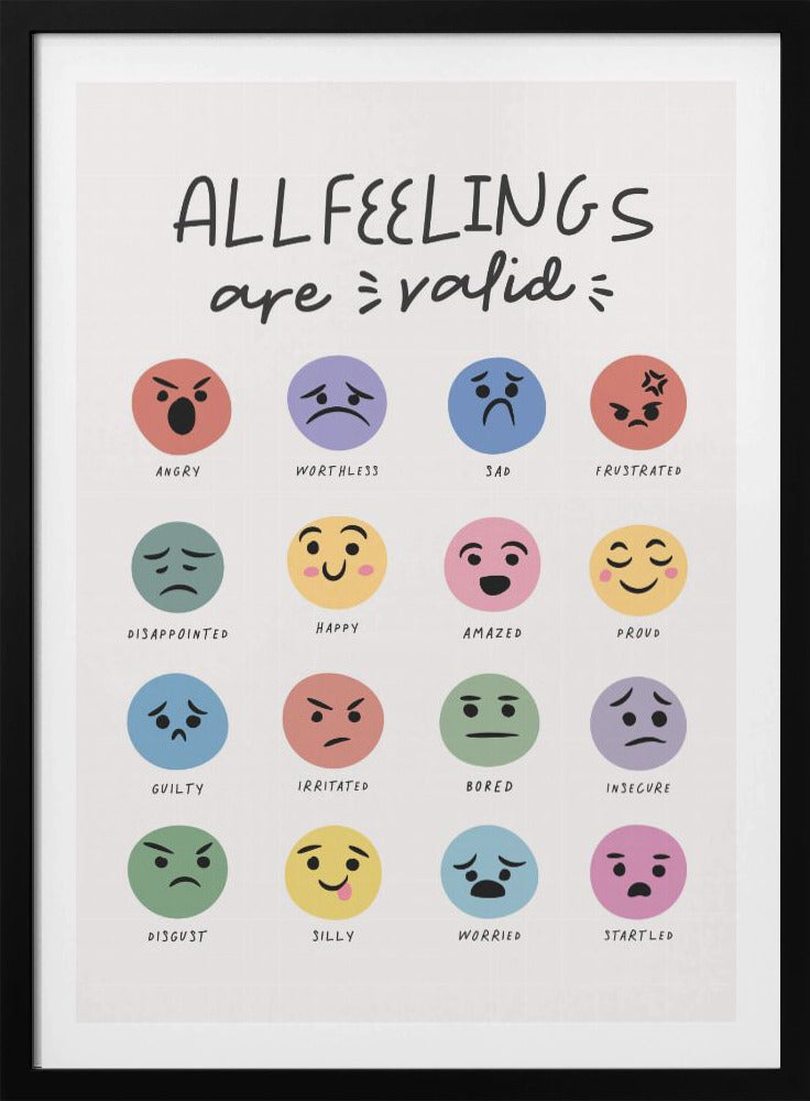 A framed poster titled 'ALL FEELINGS are valid' in a handwritten font. Below the title is a grid of 16 colorful circular emojis, each depicting a different emotion such as angry, happy, sad, and proud, with the name of the feeling written below each emoji. Wall Art