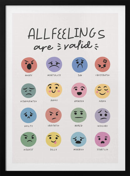 A framed poster titled 'ALL FEELINGS are valid' in a handwritten font. Below the title is a grid of 16 colorful circular emojis, each depicting a different emotion such as angry, happy, sad, and proud, with the name of the feeling written below each emoji. Wall Art
