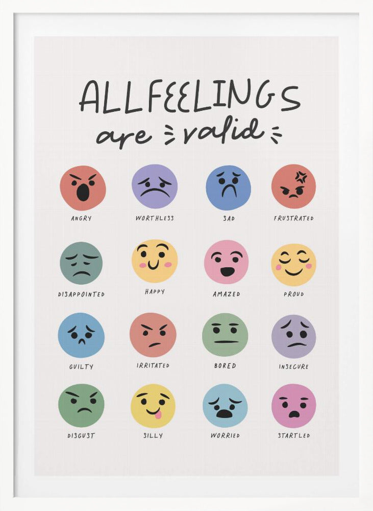 A framed poster titled 'ALL FEELINGS are valid' in a handwritten font. Below the title is a grid of 16 colorful circular emojis, each depicting a different emotion such as angry, happy, sad, and proud, with the name of the feeling written below each emoji. Wall Art