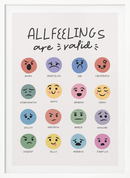 A framed poster titled 'ALL FEELINGS are valid' in a handwritten font. Below the title is a grid of 16 colorful circular emojis, each depicting a different emotion such as angry, happy, sad, and proud, with the name of the feeling written below each emoji. Wall Art