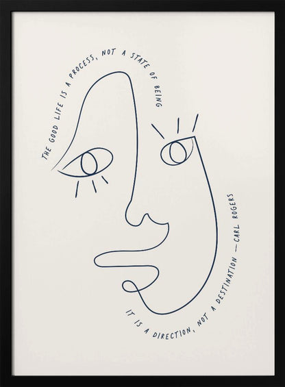 A minimalist art print in a black frame featuring a single dark blue continuous line drawing of an abstract face on a cream background. A quote by Carl Rogers is written along the curves of the face: "The good life is a process, not a state of being. It is a direction, not a destination." Poster