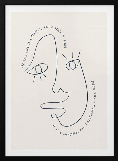 A minimalist art print in a black frame featuring a single dark blue continuous line drawing of an abstract face on a cream background. A quote by Carl Rogers is written along the curves of the face: "The good life is a process, not a state of being. It is a direction, not a destination." Poster