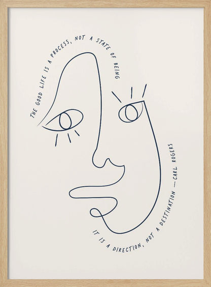 A minimalist art print in a black frame featuring a single dark blue continuous line drawing of an abstract face on a cream background. A quote by Carl Rogers is written along the curves of the face: "The good life is a process, not a state of being. It is a direction, not a destination." Poster