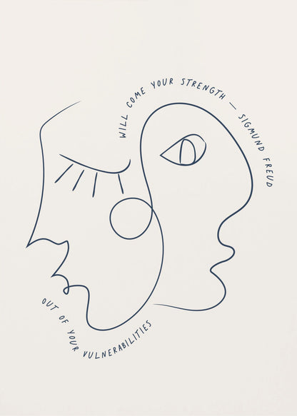 A minimalist line art poster in a black frame, featuring two abstract faces drawn with a single continuous dark blue line. The quote 'Will come your strength out of your vulnerabilities - Sigmund Freud' is written along the line of the drawing on an off-white background. Poster