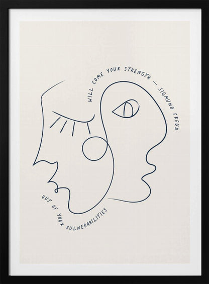 A minimalist line art poster in a black frame, featuring two abstract faces drawn with a single continuous dark blue line. The quote 'Will come your strength out of your vulnerabilities - Sigmund Freud' is written along the line of the drawing on an off-white background. Poster
