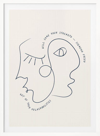 A minimalist line art poster in a black frame, featuring two abstract faces drawn with a single continuous dark blue line. The quote 'Will come your strength out of your vulnerabilities - Sigmund Freud' is written along the line of the drawing on an off-white background. Poster
