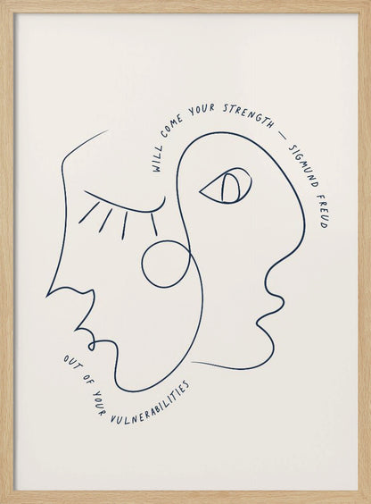 A minimalist line art poster in a black frame, featuring two abstract faces drawn with a single continuous dark blue line. The quote 'Will come your strength out of your vulnerabilities - Sigmund Freud' is written along the line of the drawing on an off-white background. Poster