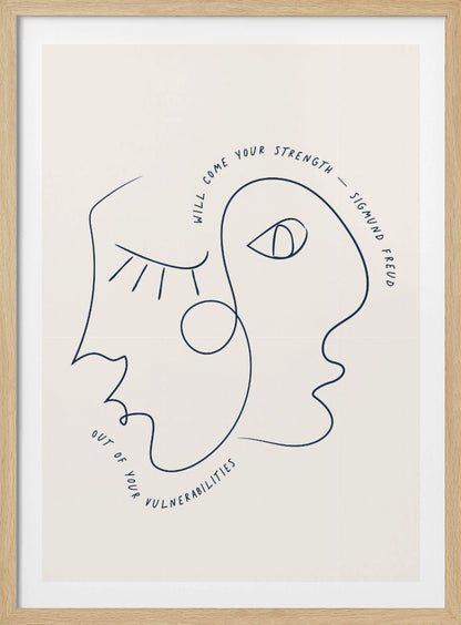 A minimalist line art poster in a black frame, featuring two abstract faces drawn with a single continuous dark blue line. The quote 'Will come your strength out of your vulnerabilities - Sigmund Freud' is written along the line of the drawing on an off-white background. Poster