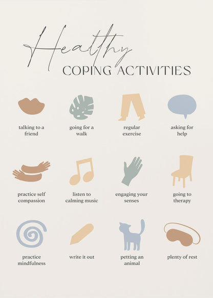 A minimalist poster titled 'Healthy Coping Activities' in a black frame. The poster lists 12 activities with simple, muted-color icons above each description. Activities include 'talking to a friend,' 'going for a walk,' 'practice self compassion,' 'listen to calming music,' 'practice mindfulness,' 'petting an animal,' and 'plenty of rest.' Decor