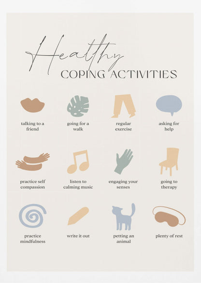 A minimalist poster titled 'Healthy Coping Activities' in a black frame. The poster lists 12 activities with simple, muted-color icons above each description. Activities include 'talking to a friend,' 'going for a walk,' 'practice self compassion,' 'listen to calming music,' 'practice mindfulness,' 'petting an animal,' and 'plenty of rest.' Decor