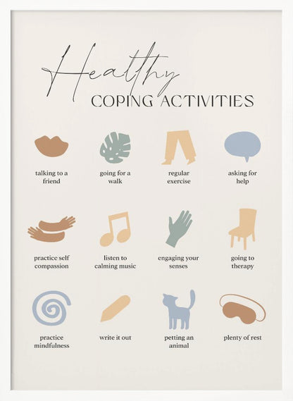 A minimalist poster titled 'Healthy Coping Activities' in a black frame. The poster lists 12 activities with simple, muted-color icons above each description. Activities include 'talking to a friend,' 'going for a walk,' 'practice self compassion,' 'listen to calming music,' 'practice mindfulness,' 'petting an animal,' and 'plenty of rest.' Decor