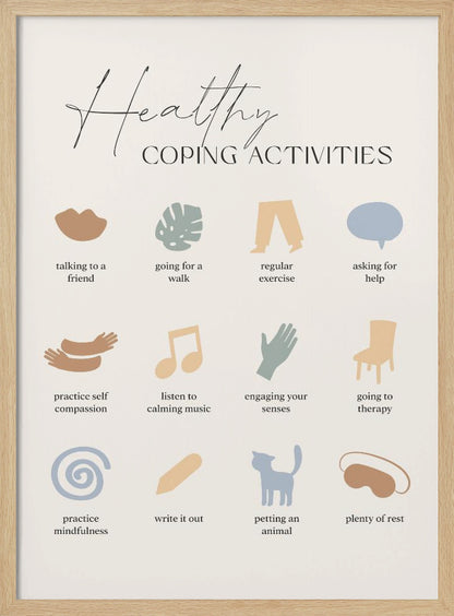 A minimalist poster titled 'Healthy Coping Activities' in a black frame. The poster lists 12 activities with simple, muted-color icons above each description. Activities include 'talking to a friend,' 'going for a walk,' 'practice self compassion,' 'listen to calming music,' 'practice mindfulness,' 'petting an animal,' and 'plenty of rest.' Decor