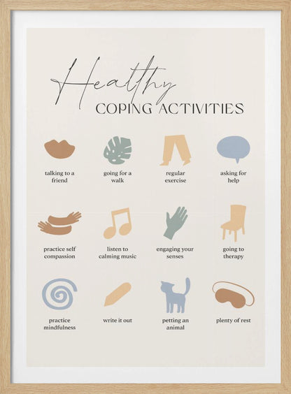 A minimalist poster titled 'Healthy Coping Activities' in a black frame. The poster lists 12 activities with simple, muted-color icons above each description. Activities include 'talking to a friend,' 'going for a walk,' 'practice self compassion,' 'listen to calming music,' 'practice mindfulness,' 'petting an animal,' and 'plenty of rest.' Decor