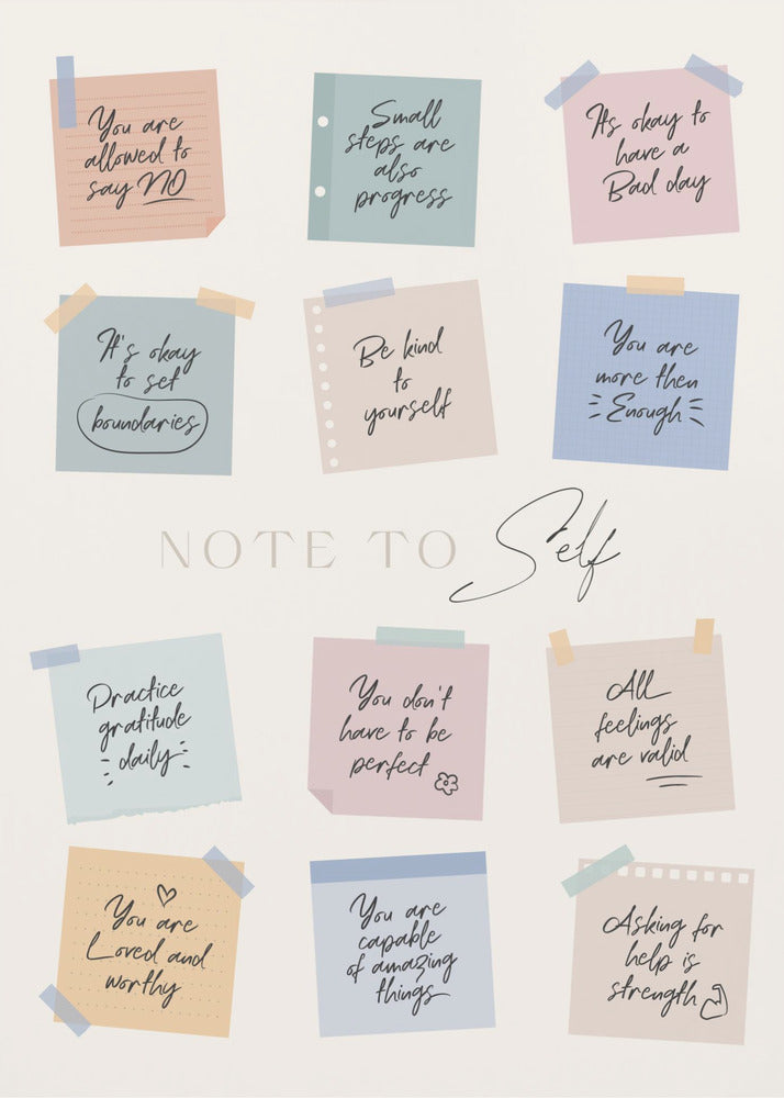 A framed poster titled 'NOTE TO Self' featuring a collection of twelve colorful sticky notes with handwritten positive affirmations. The notes, in pastel shades of pink, blue, green, and tan, include messages like 'Small steps are also progress,' 'Be kind to yourself,' and 'You are loved and worthy.' Wall Art
