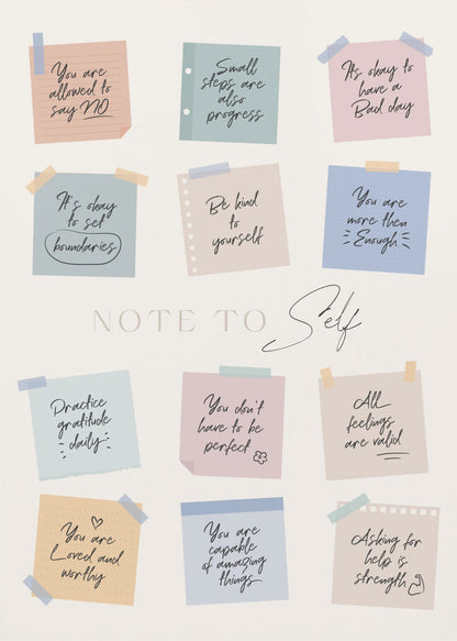 A framed poster titled 'NOTE TO Self' featuring a collection of twelve colorful sticky notes with handwritten positive affirmations. The notes, in pastel shades of pink, blue, green, and tan, include messages like 'Small steps are also progress,' 'Be kind to yourself,' and 'You are loved and worthy.' Wall Art