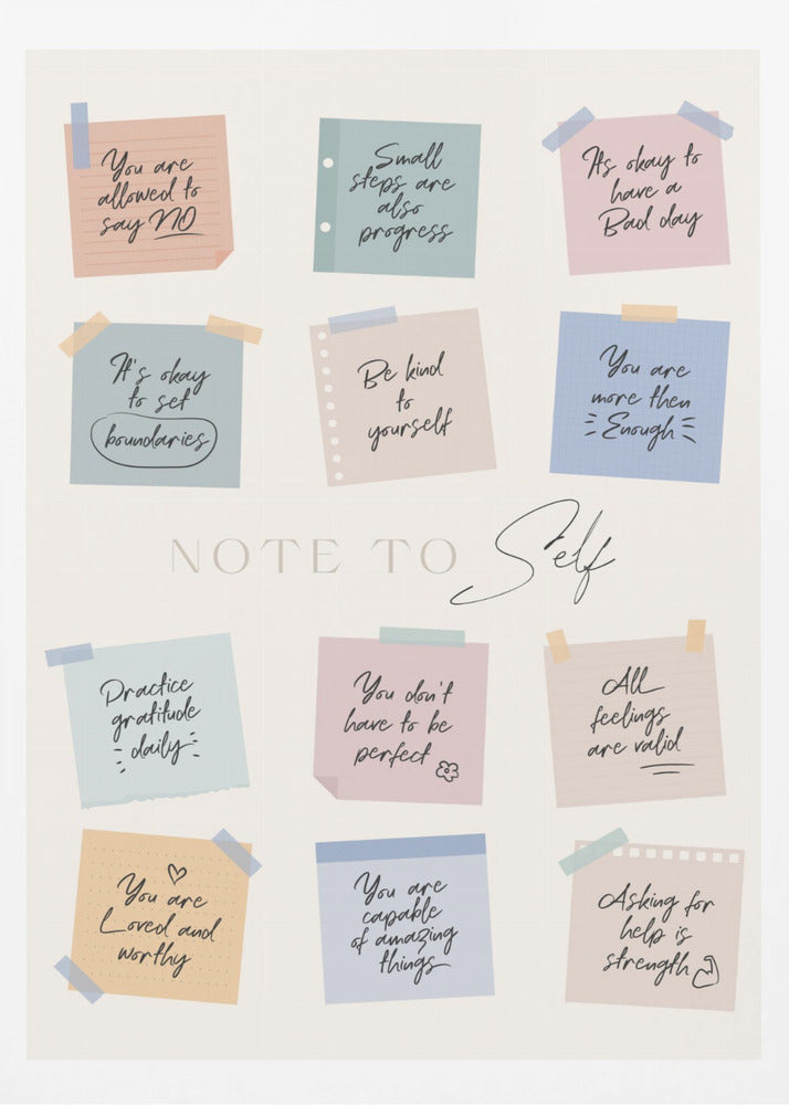 A framed poster titled 'NOTE TO Self' featuring a collection of twelve colorful sticky notes with handwritten positive affirmations. The notes, in pastel shades of pink, blue, green, and tan, include messages like 'Small steps are also progress,' 'Be kind to yourself,' and 'You are loved and worthy.' Wall Art