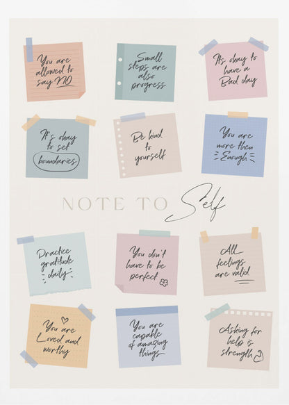 A framed poster titled 'NOTE TO Self' featuring a collection of twelve colorful sticky notes with handwritten positive affirmations. The notes, in pastel shades of pink, blue, green, and tan, include messages like 'Small steps are also progress,' 'Be kind to yourself,' and 'You are loved and worthy.' Wall Art