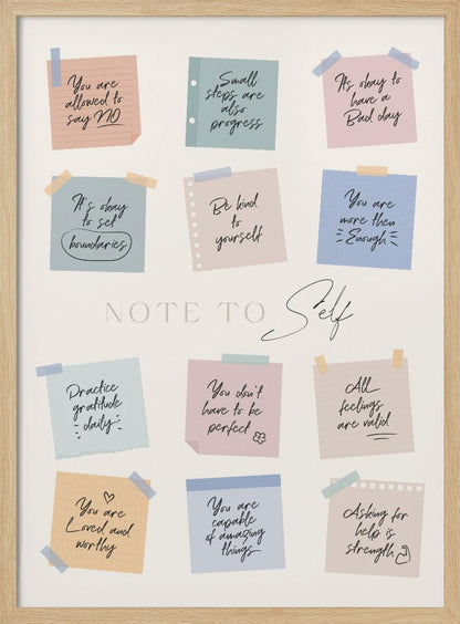 A framed poster titled 'NOTE TO Self' featuring a collection of twelve colorful sticky notes with handwritten positive affirmations. The notes, in pastel shades of pink, blue, green, and tan, include messages like 'Small steps are also progress,' 'Be kind to yourself,' and 'You are loved and worthy.' Wall Art