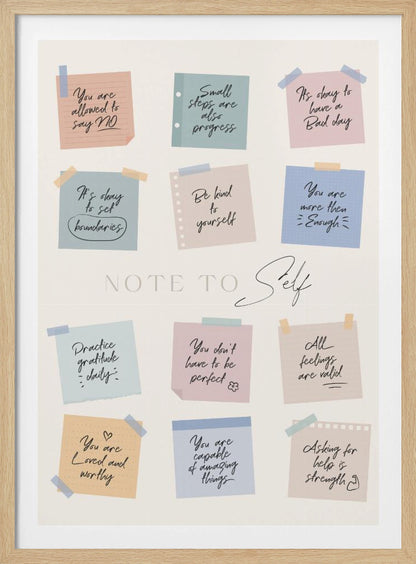 A framed poster titled 'NOTE TO Self' featuring a collection of twelve colorful sticky notes with handwritten positive affirmations. The notes, in pastel shades of pink, blue, green, and tan, include messages like 'Small steps are also progress,' 'Be kind to yourself,' and 'You are loved and worthy.' Wall Art