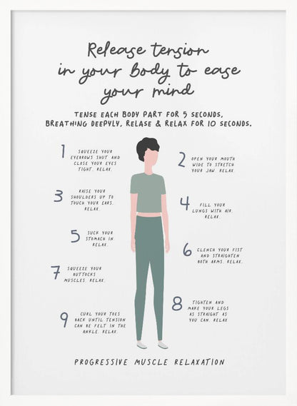 A framed informational poster on a white background detailing the steps for progressive muscle relaxation. Titled 'Release tension in your body to ease your mind,' it features a central illustration of a person in green clothing. Nine numbered steps with instructions for tensing and relaxing different muscle groups, from eyebrows to toes, surround the figure. Decor