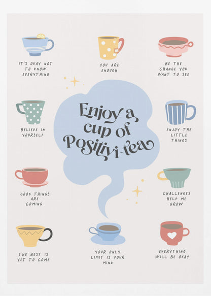 A motivational poster with a central, light blue cloud-like shape that reads 'Enjoy a cup of Positivi-tea'. Surrounding this are ten colorful, illustrated teacups, each with its own inspirational phrase beneath it, such as 'You are enough', 'Believe in yourself', and 'Everything will be okay'. The art style is whimsical and positive on an off-white background. Print