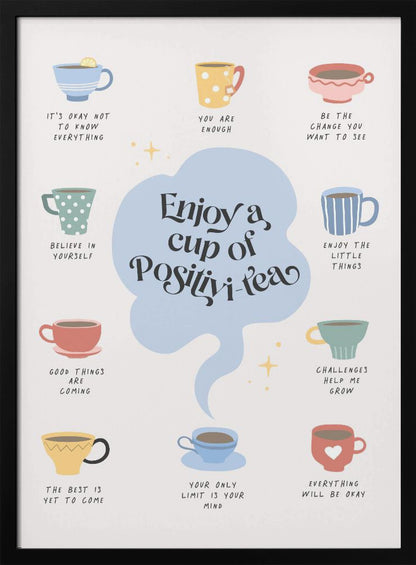 A motivational poster with a central, light blue cloud-like shape that reads 'Enjoy a cup of Positivi-tea'. Surrounding this are ten colorful, illustrated teacups, each with its own inspirational phrase beneath it, such as 'You are enough', 'Believe in yourself', and 'Everything will be okay'. The art style is whimsical and positive on an off-white background. Print