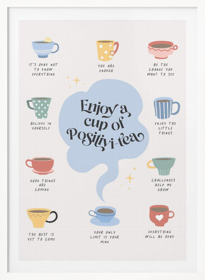 A motivational poster with a central, light blue cloud-like shape that reads 'Enjoy a cup of Positivi-tea'. Surrounding this are ten colorful, illustrated teacups, each with its own inspirational phrase beneath it, such as 'You are enough', 'Believe in yourself', and 'Everything will be okay'. The art style is whimsical and positive on an off-white background. Print