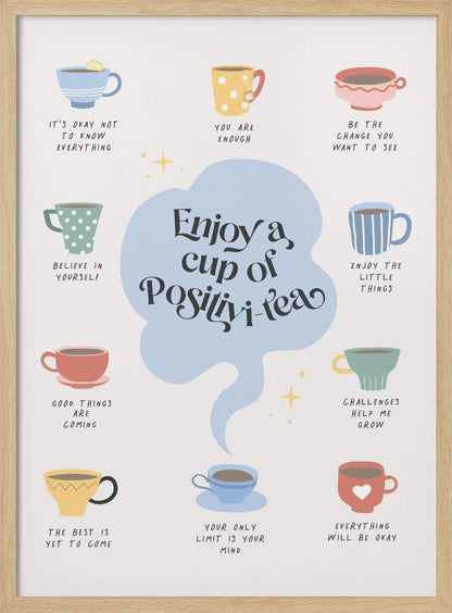 A motivational poster with a central, light blue cloud-like shape that reads 'Enjoy a cup of Positivi-tea'. Surrounding this are ten colorful, illustrated teacups, each with its own inspirational phrase beneath it, such as 'You are enough', 'Believe in yourself', and 'Everything will be okay'. The art style is whimsical and positive on an off-white background. Print