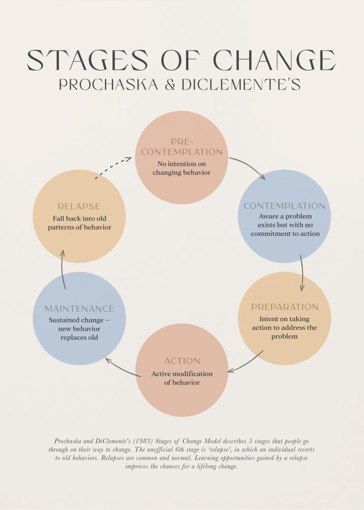 A framed educational poster illustrating Prochaska and DiClemente's 'Stages of Change' model. The poster features a circular flow chart with six colored circles representing Pre-contemplation, Contemplation, Preparation, Action, Maintenance, and Relapse, each with a brief explanation. The background is a light cream color. Print