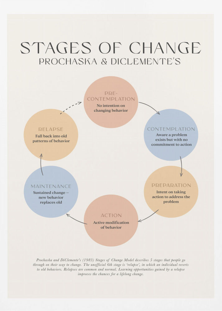 A framed educational poster illustrating Prochaska and DiClemente's 'Stages of Change' model. The poster features a circular flow chart with six colored circles representing Pre-contemplation, Contemplation, Preparation, Action, Maintenance, and Relapse, each with a brief explanation. The background is a light cream color. Print