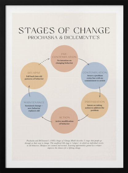 A framed educational poster illustrating Prochaska and DiClemente's 'Stages of Change' model. The poster features a circular flow chart with six colored circles representing Pre-contemplation, Contemplation, Preparation, Action, Maintenance, and Relapse, each with a brief explanation. The background is a light cream color. Print