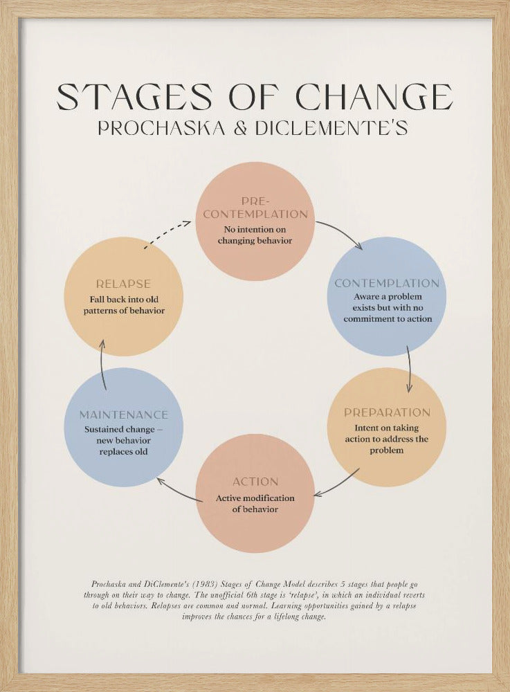 A framed educational poster illustrating Prochaska and DiClemente's 'Stages of Change' model. The poster features a circular flow chart with six colored circles representing Pre-contemplation, Contemplation, Preparation, Action, Maintenance, and Relapse, each with a brief explanation. The background is a light cream color. Print