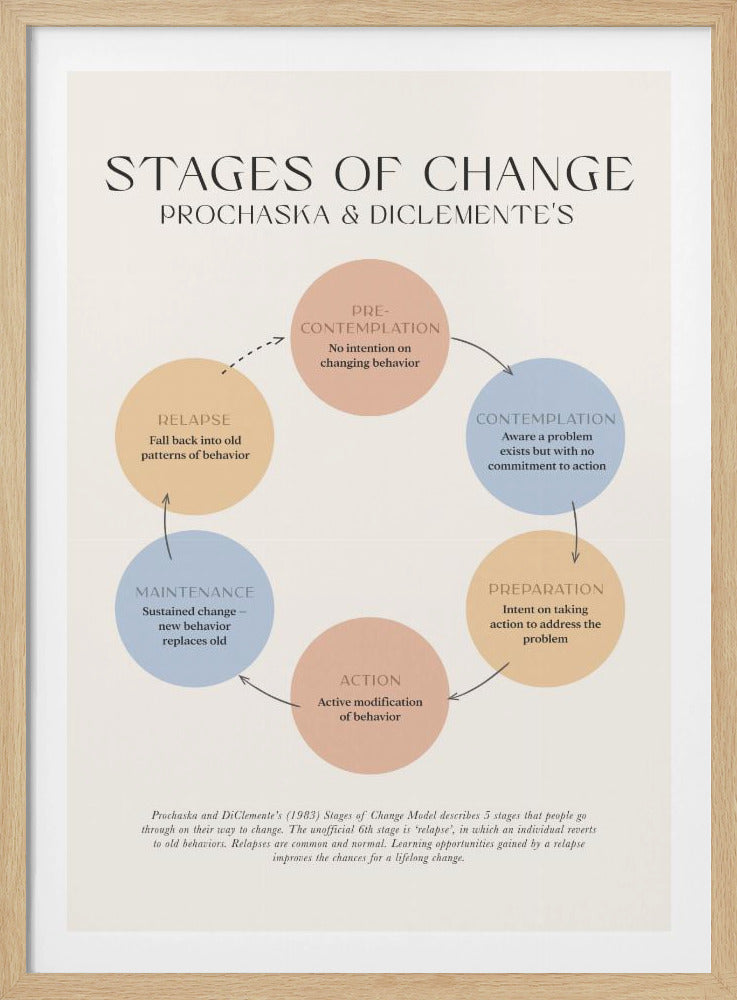 A framed educational poster illustrating Prochaska and DiClemente's 'Stages of Change' model. The poster features a circular flow chart with six colored circles representing Pre-contemplation, Contemplation, Preparation, Action, Maintenance, and Relapse, each with a brief explanation. The background is a light cream color. Print