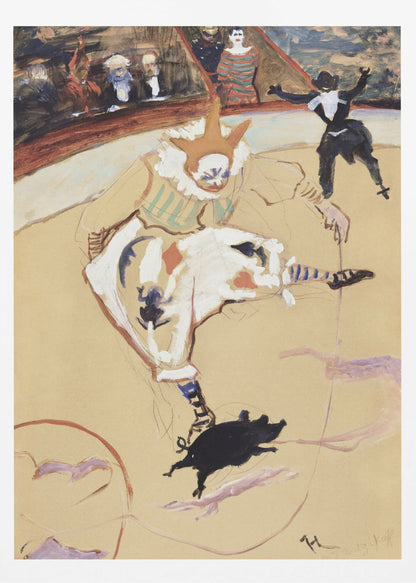 A vintage painting by Henri de Toulouse-Lautrec titled 'The Clown Chau-u-kao with a Pig'. The artwork shows a clown in a white costume with a pointed hat and ruffled collar in a circus ring, performing with a small black pig. In the background, another performer and an audience can be seen. Poster