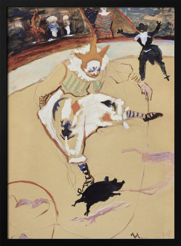 A vintage painting by Henri de Toulouse-Lautrec titled 'The Clown Chau-u-kao with a Pig'. The artwork shows a clown in a white costume with a pointed hat and ruffled collar in a circus ring, performing with a small black pig. In the background, another performer and an audience can be seen. Poster