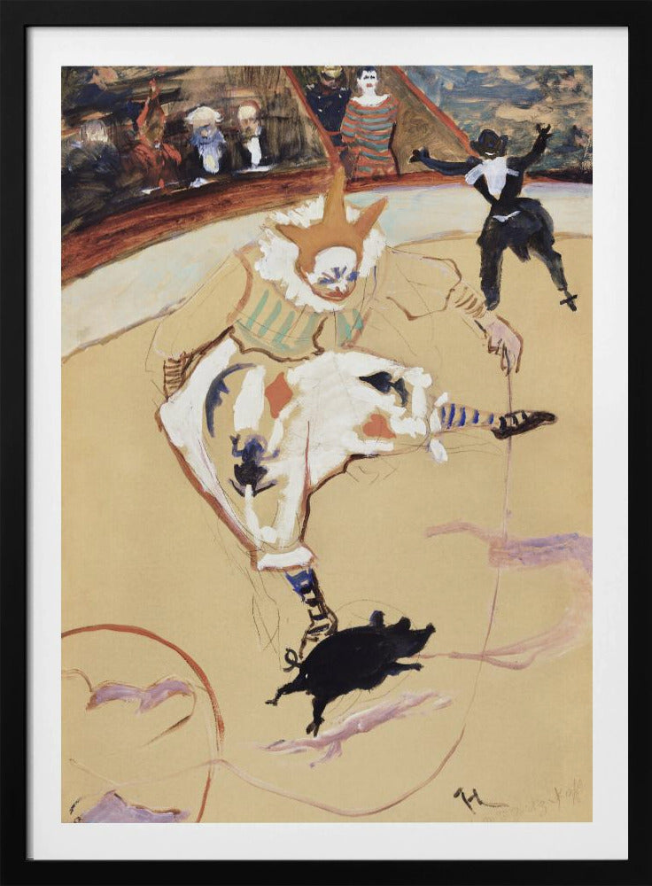 A vintage painting by Henri de Toulouse-Lautrec titled 'The Clown Chau-u-kao with a Pig'. The artwork shows a clown in a white costume with a pointed hat and ruffled collar in a circus ring, performing with a small black pig. In the background, another performer and an audience can be seen. Poster