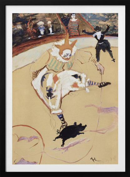 A vintage painting by Henri de Toulouse-Lautrec titled 'The Clown Chau-u-kao with a Pig'. The artwork shows a clown in a white costume with a pointed hat and ruffled collar in a circus ring, performing with a small black pig. In the background, another performer and an audience can be seen. Poster