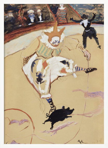 A vintage painting by Henri de Toulouse-Lautrec titled 'The Clown Chau-u-kao with a Pig'. The artwork shows a clown in a white costume with a pointed hat and ruffled collar in a circus ring, performing with a small black pig. In the background, another performer and an audience can be seen. Poster